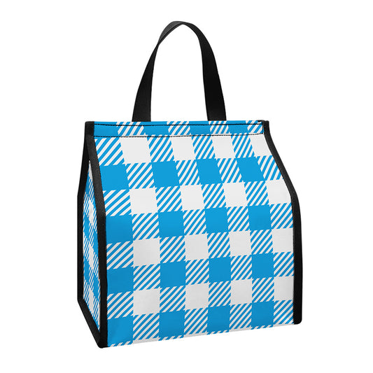 Azure Blue And White Gingham Print Insulated Lunch Tote