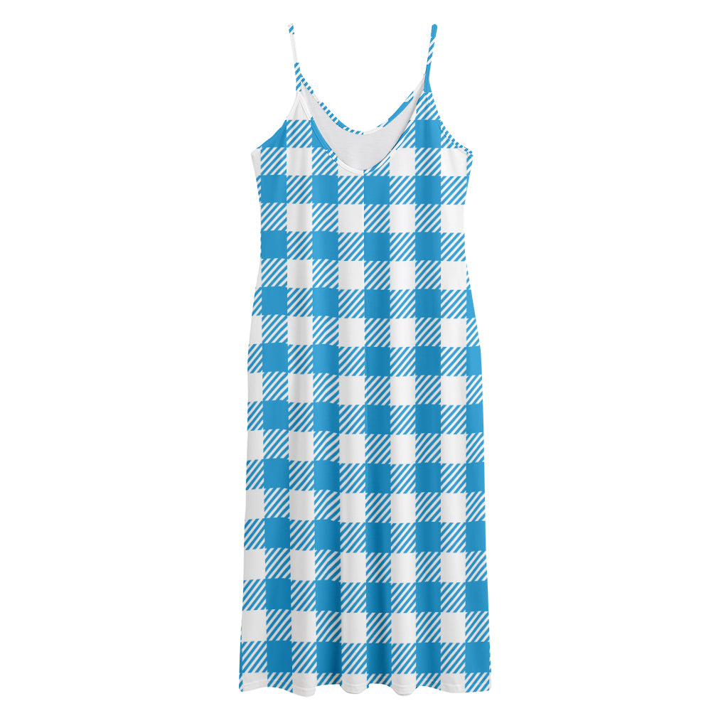 Azure Blue And White Gingham Print Jersey Midi Cami Dress