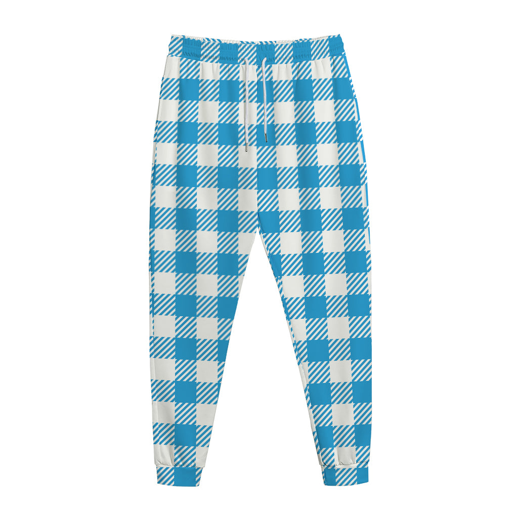 Azure Blue And White Gingham Print Jogger Pants