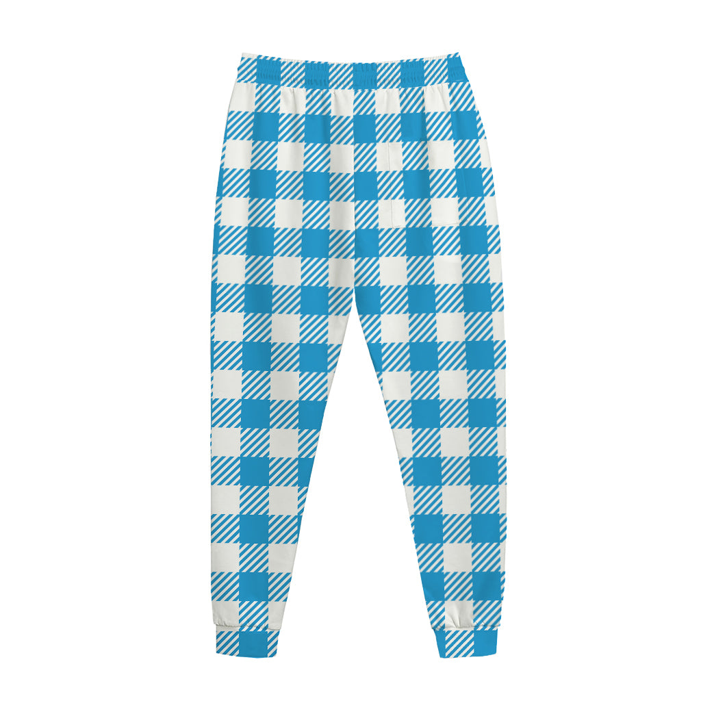 Azure Blue And White Gingham Print Jogger Pants