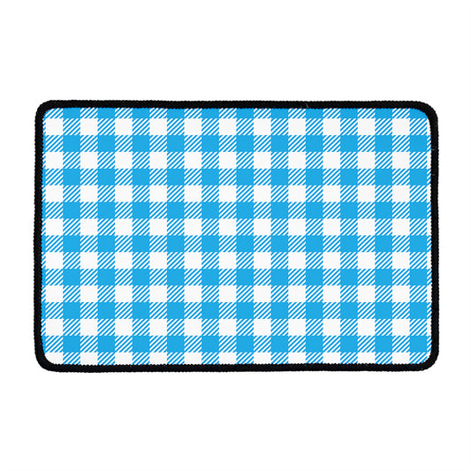 Azure Blue And White Gingham Print Kitchen Mat