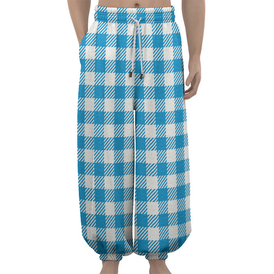 Azure Blue And White Gingham Print Lantern Pants