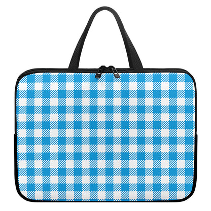 Azure Blue And White Gingham Print Laptop Sleeve With Handle