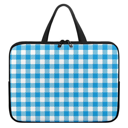Azure Blue And White Gingham Print Laptop Sleeve With Handle