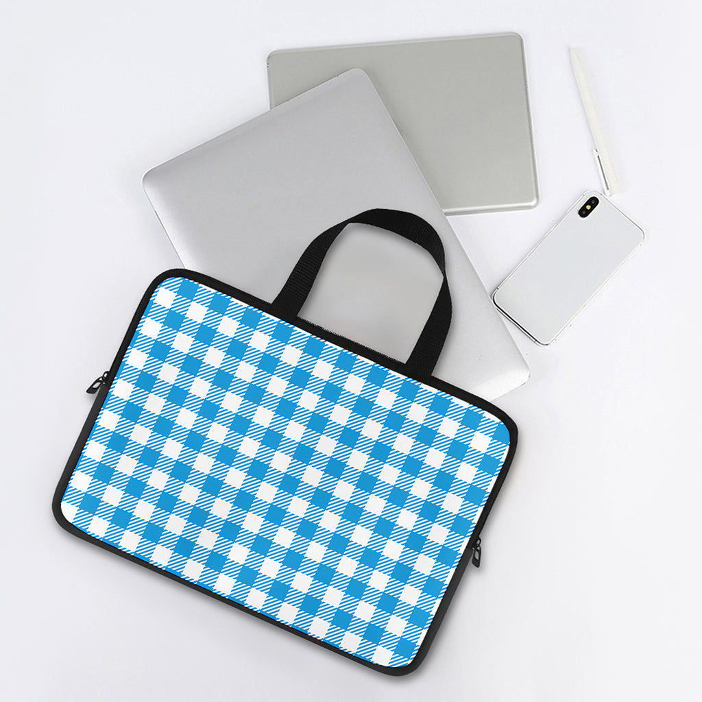 Azure Blue And White Gingham Print Laptop Sleeve With Handle