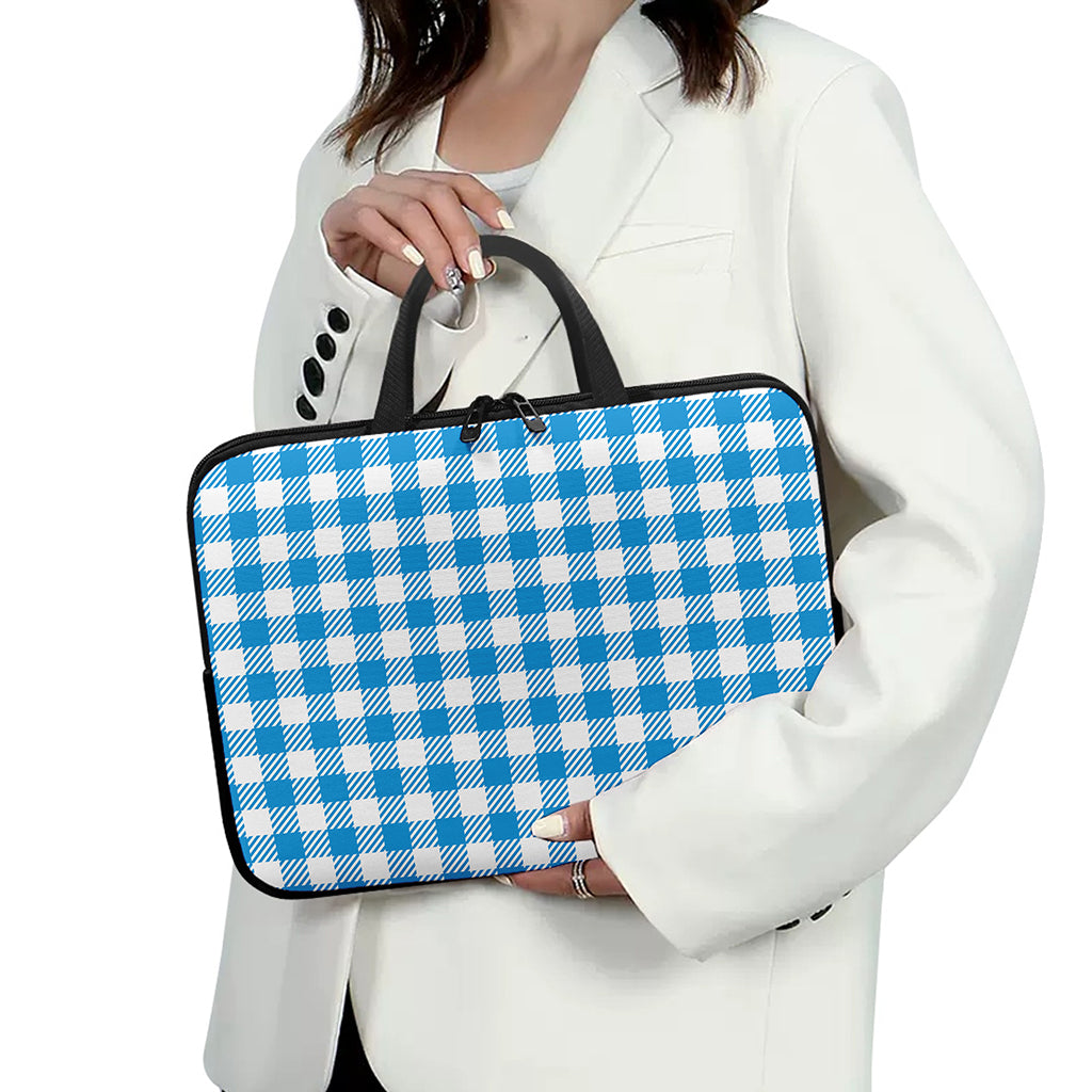 Azure Blue And White Gingham Print Laptop Sleeve With Handle