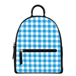 Azure Blue And White Gingham Print Leather Backpack