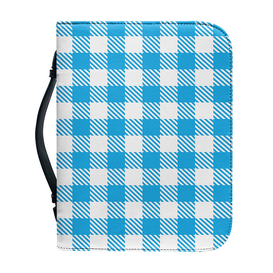 Azure Blue And White Gingham Print Leather Bible Cover