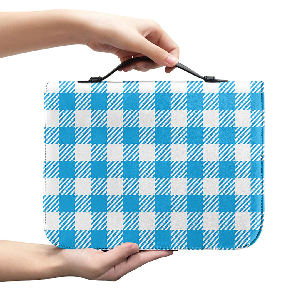 Azure Blue And White Gingham Print Leather Bible Cover