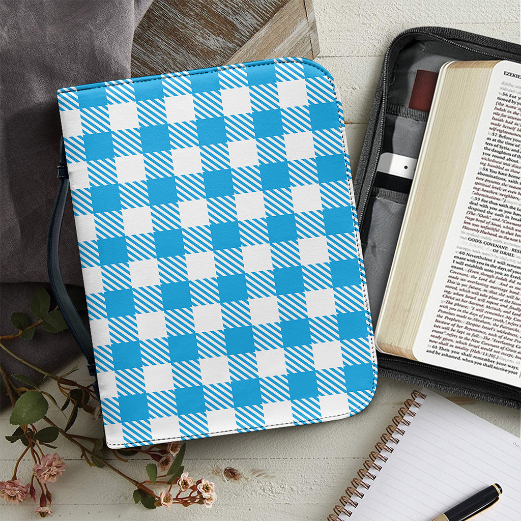 Azure Blue And White Gingham Print Leather Bible Cover