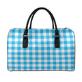 Azure Blue And White Gingham Print Leather Duffel Bag