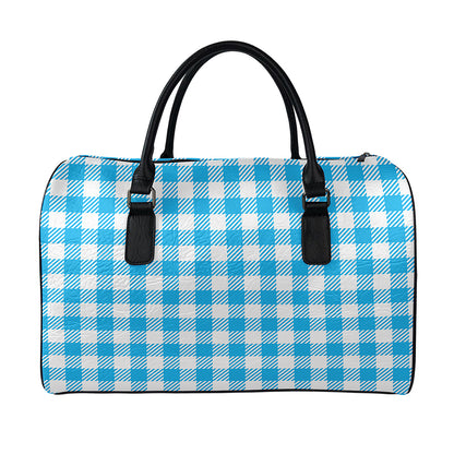 Azure Blue And White Gingham Print Leather Duffle Bag