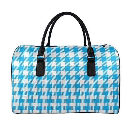 Azure Blue And White Gingham Print Leather Duffle Bag