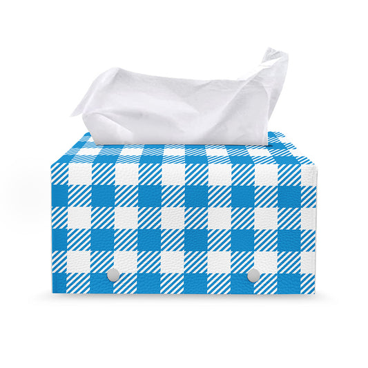 Azure Blue And White Gingham Print Leather Tissue Box Cover