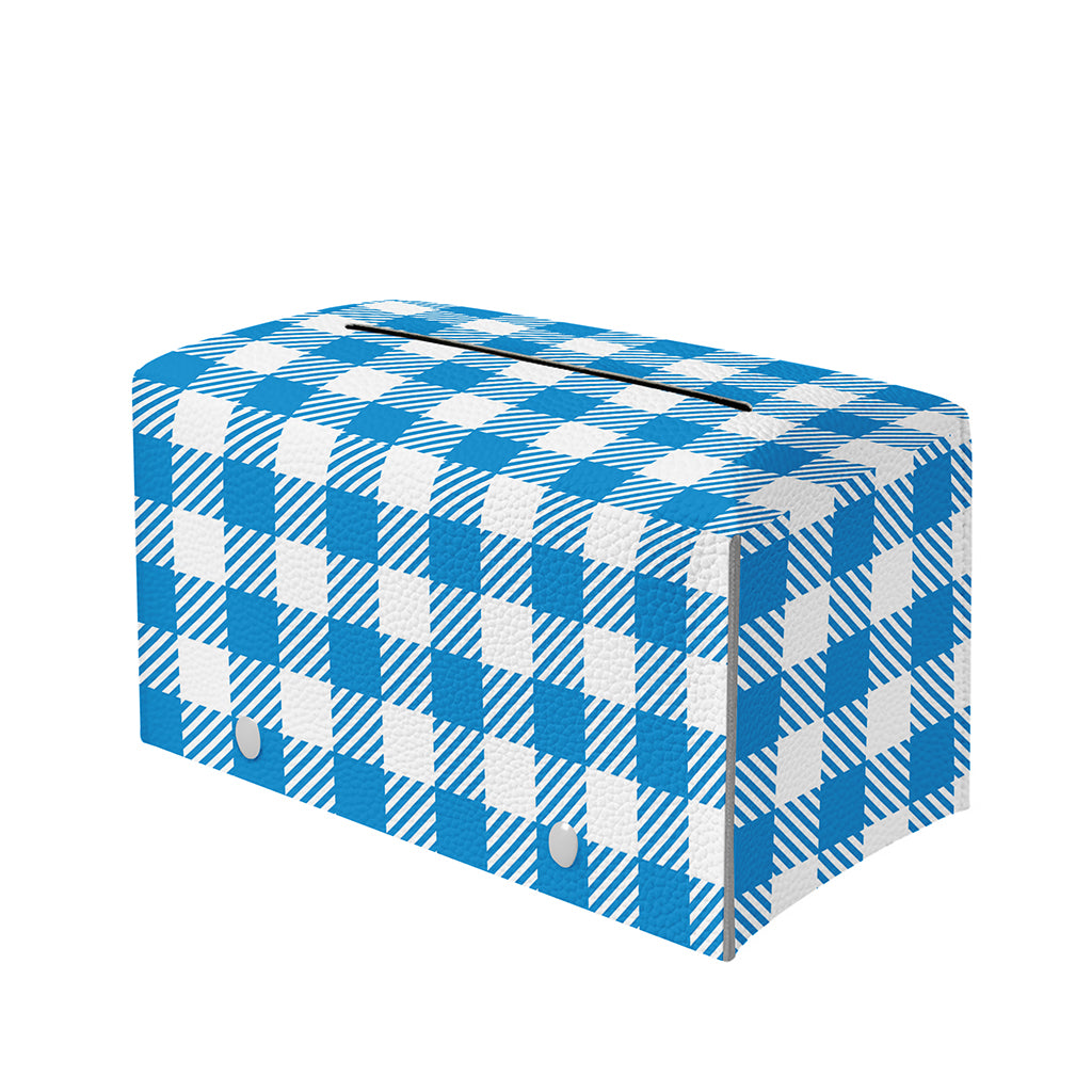 Azure Blue And White Gingham Print Leather Tissue Box Cover