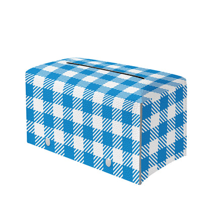 Azure Blue And White Gingham Print Leather Tissue Box Cover