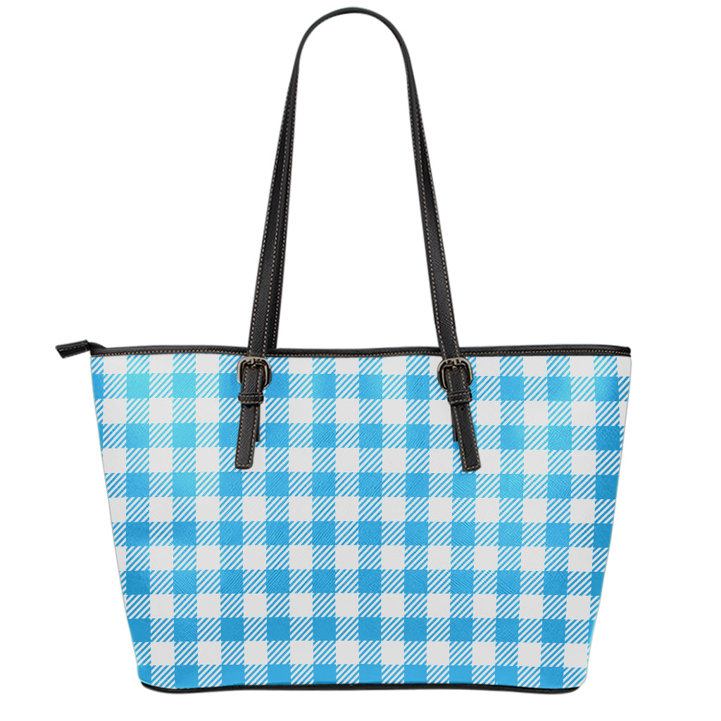 Azure Blue And White Gingham Print Leather Tote Bag