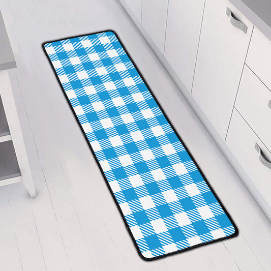 Azure Blue And White Gingham Print Long Kitchen Mat