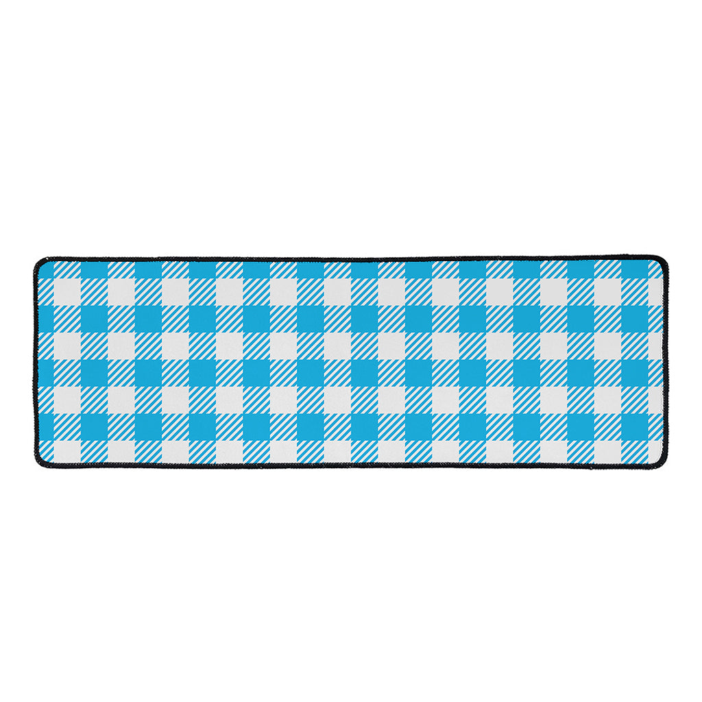 Azure Blue And White Gingham Print Long Kitchen Mat