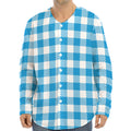 Azure Blue And White Gingham Print Long Sleeve Baseball Jersey