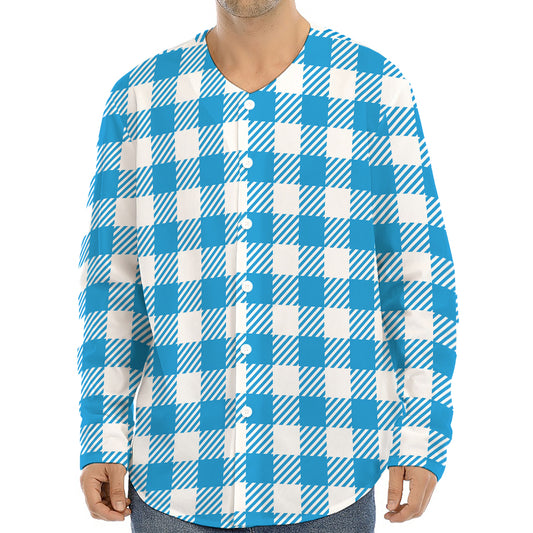 Azure Blue And White Gingham Print Long Sleeve Baseball Jersey