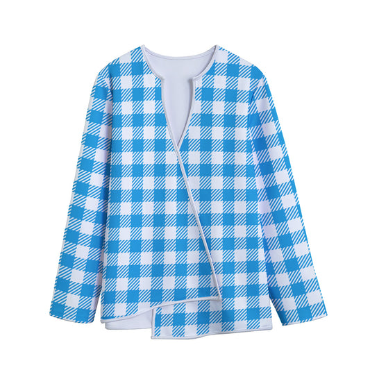 Azure Blue And White Gingham Print Long Sleeve Short Coat