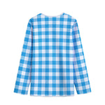 Azure Blue And White Gingham Print Long Sleeve Short Coat