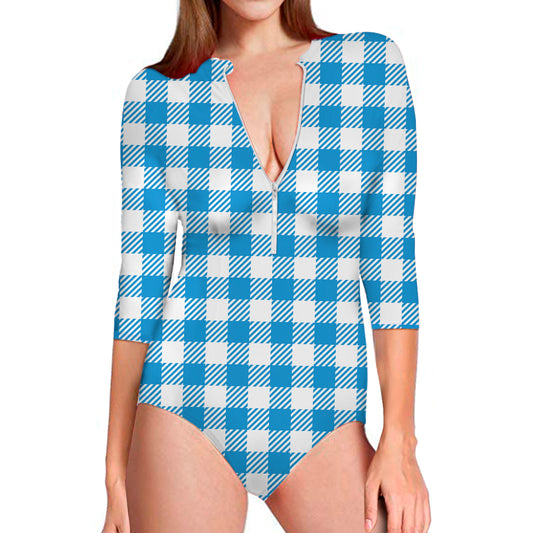 Azure Blue And White Gingham Print Long Sleeve Swimsuit