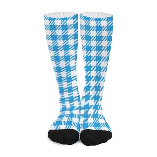 Azure Blue And White Gingham Print Long Socks