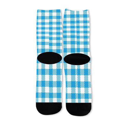Azure Blue And White Gingham Print Long Socks
