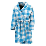 Azure Blue And White Gingham Print Men's Bathrobe