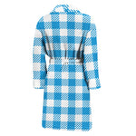 Azure Blue And White Gingham Print Men's Bathrobe