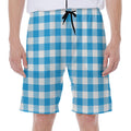 Azure Blue And White Gingham Print Men's Beach Shorts