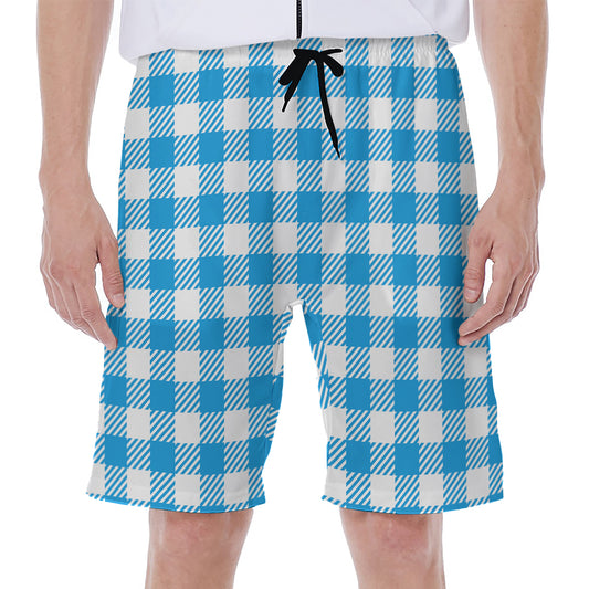 Azure Blue And White Gingham Print Men's Beach Shorts