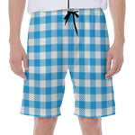 Azure Blue And White Gingham Print Men's Beach Shorts