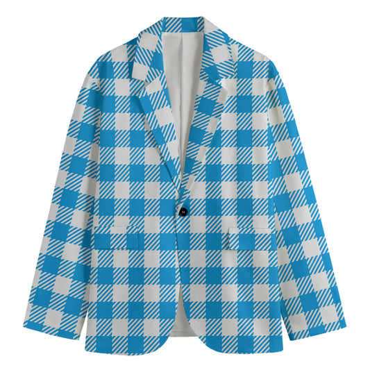 Azure Blue And White Gingham Print Men's Blazer