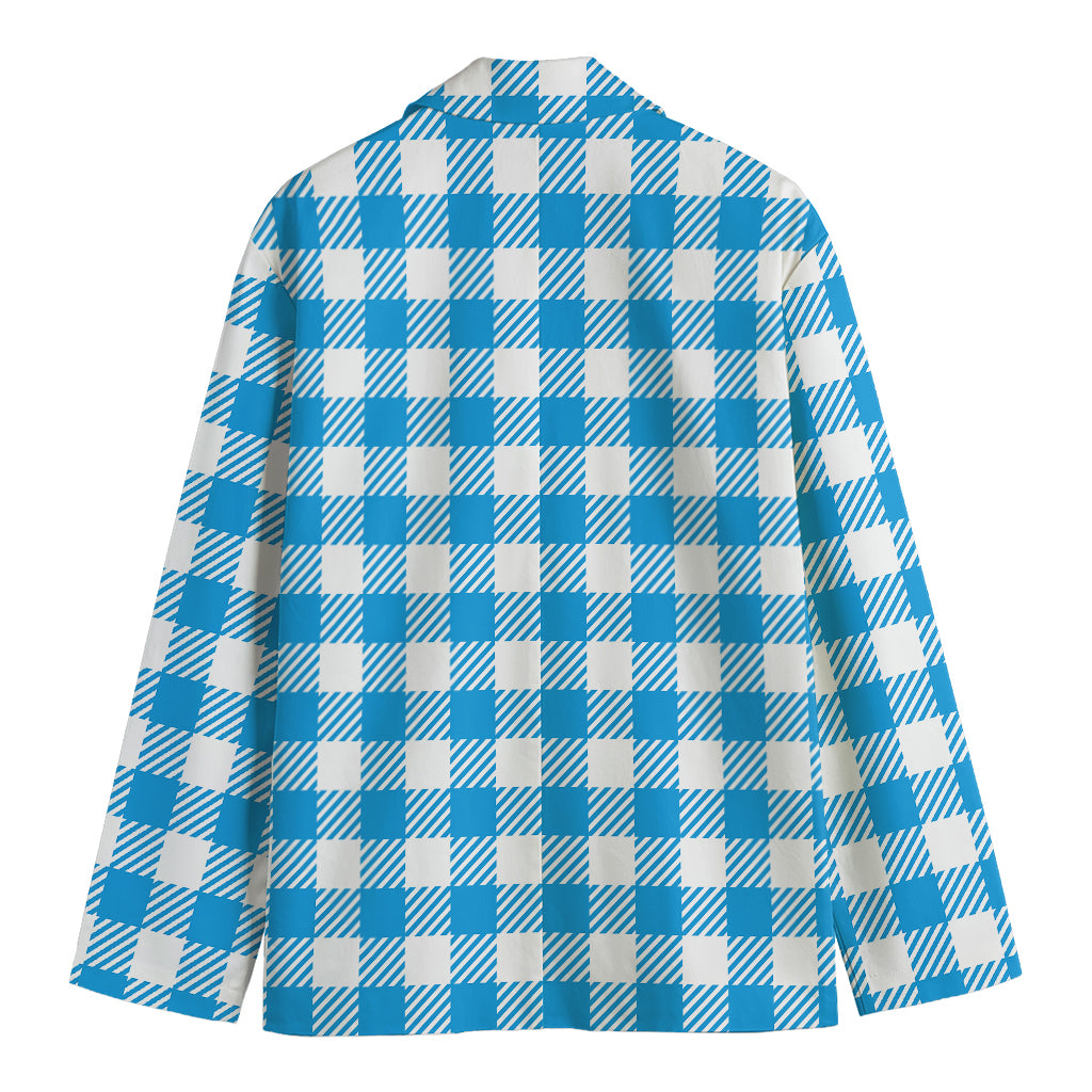 Azure Blue And White Gingham Print Men's Blazer