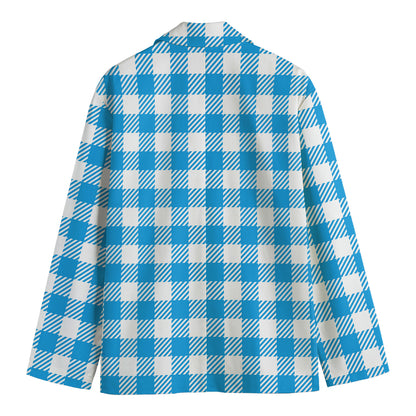 Azure Blue And White Gingham Print Men's Blazer