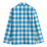 Azure Blue And White Gingham Print Men's Blazer