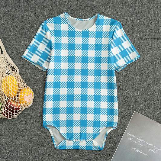 Azure Blue And White Gingham Print Men's Bodysuit