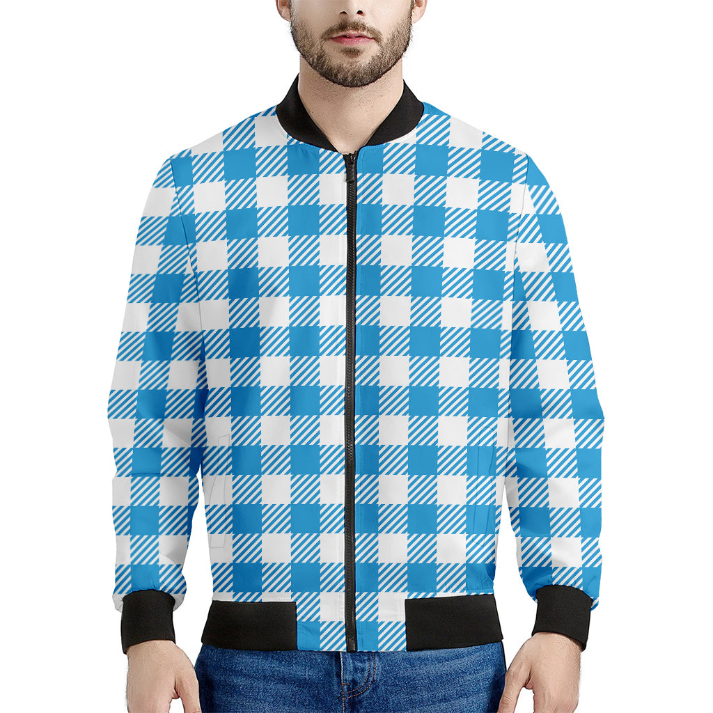 Azure Blue And White Gingham Print Men's Bomber Jacket