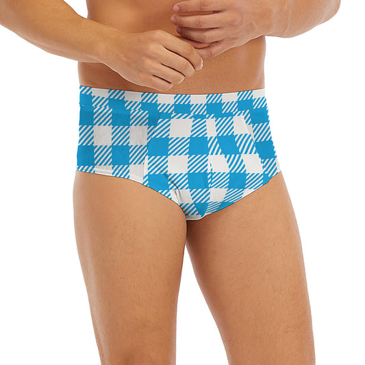 Azure Blue And White Gingham Print Men's Briefs