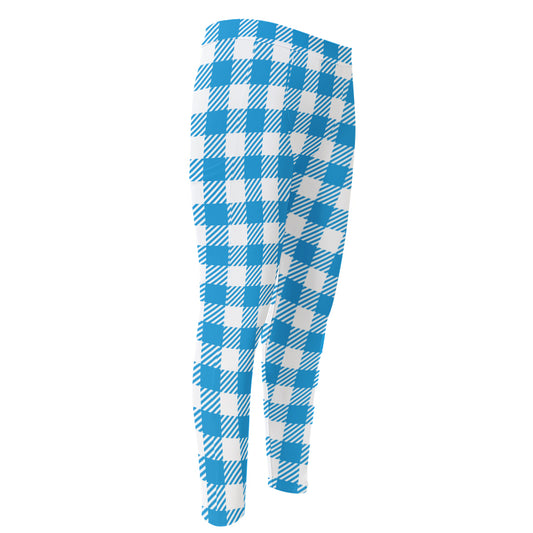 Azure Blue And White Gingham Print Men's Compression Pants