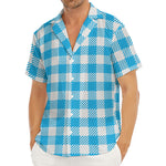 Azure Blue And White Gingham Print Men's Deep V-Neck Shirt