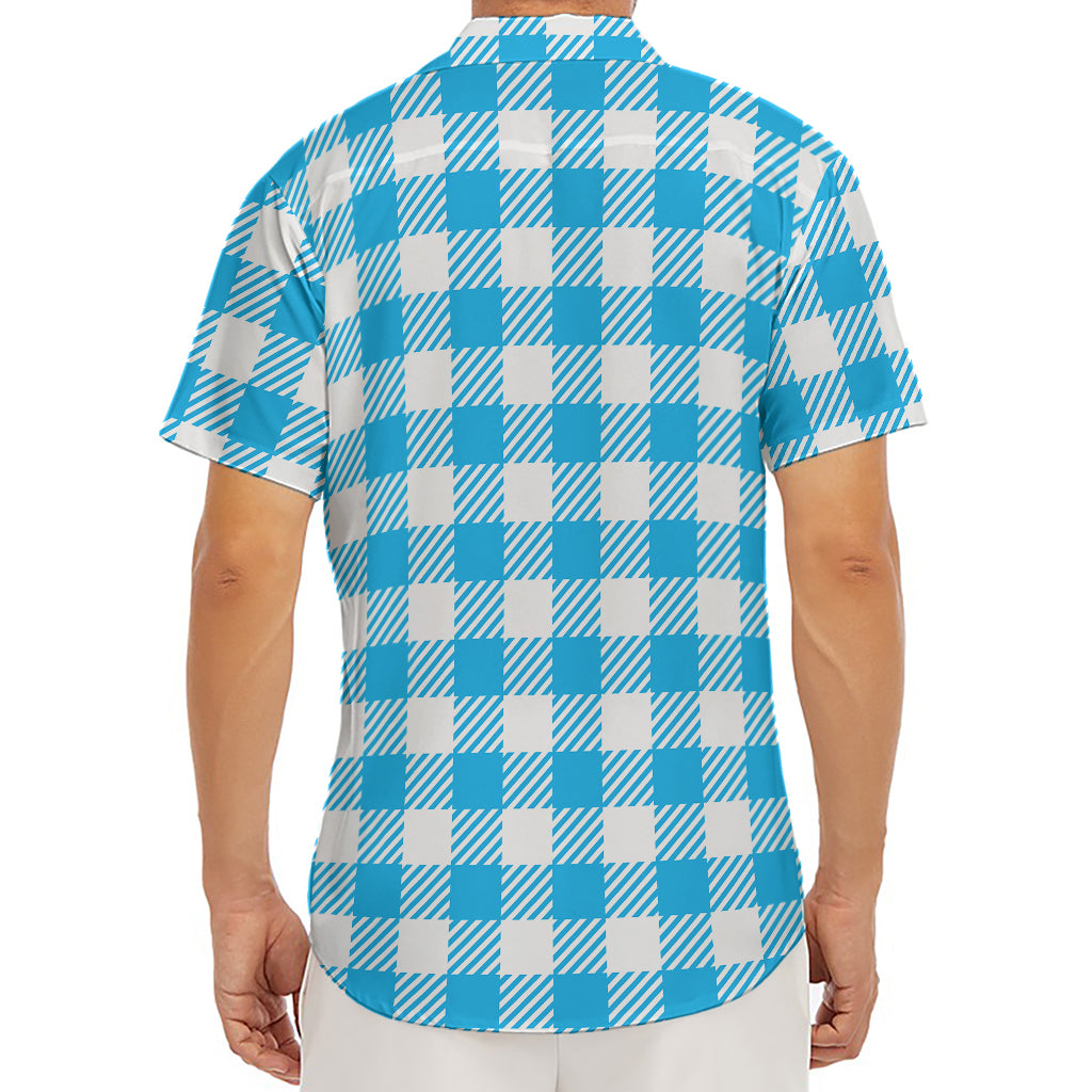 Azure Blue And White Gingham Print Men's Deep V-Neck Shirt