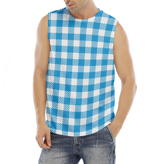 Azure Blue And White Gingham Print Men's Fitness Tank Top