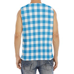 Azure Blue And White Gingham Print Men's Fitness Tank Top