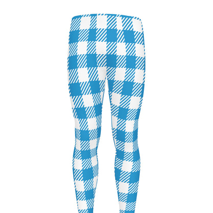 Azure Blue And White Gingham Print Men's leggings