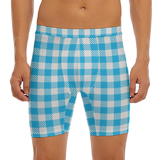 Azure Blue And White Gingham Print Men's Long Boxer Briefs