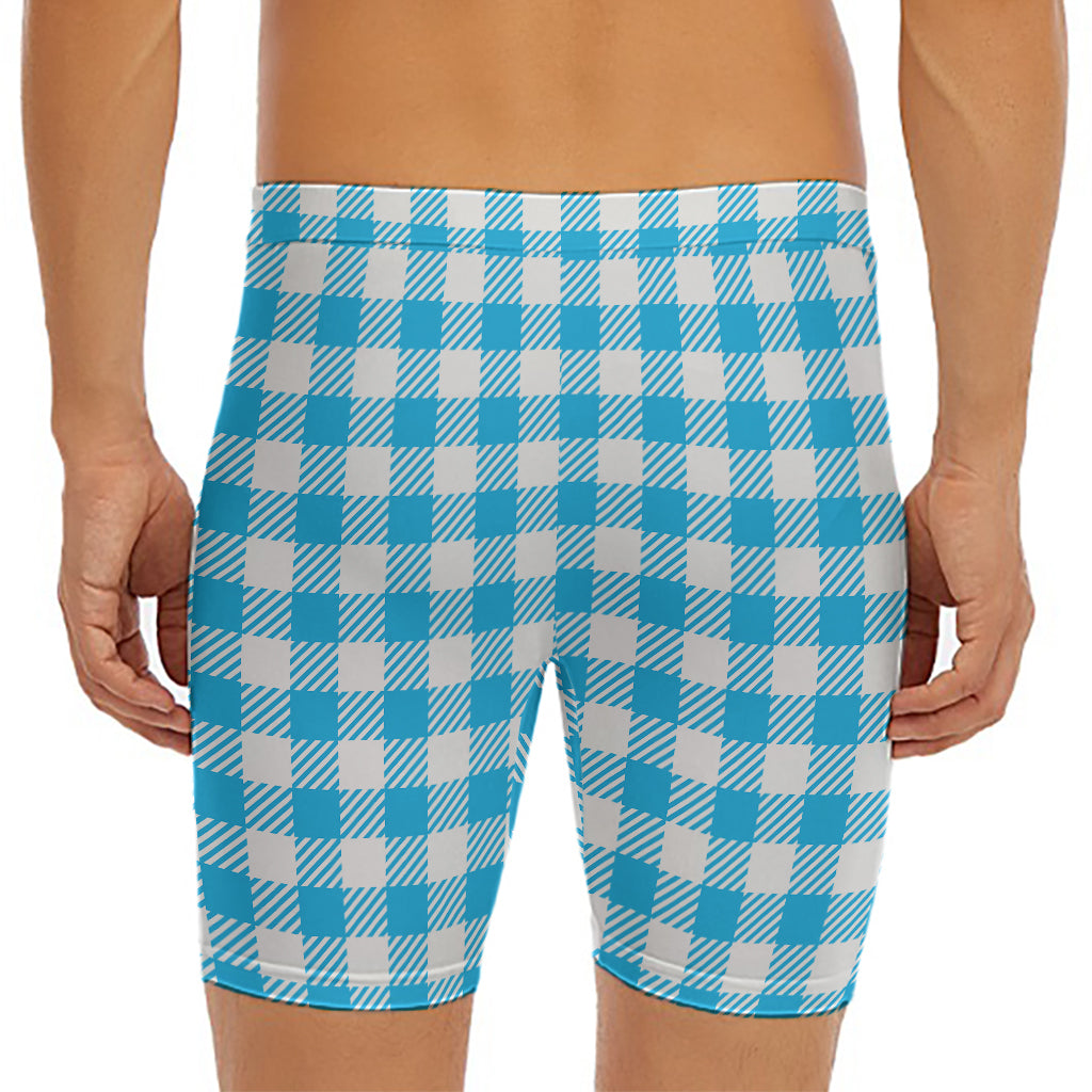 Azure Blue And White Gingham Print Men's Long Boxer Briefs